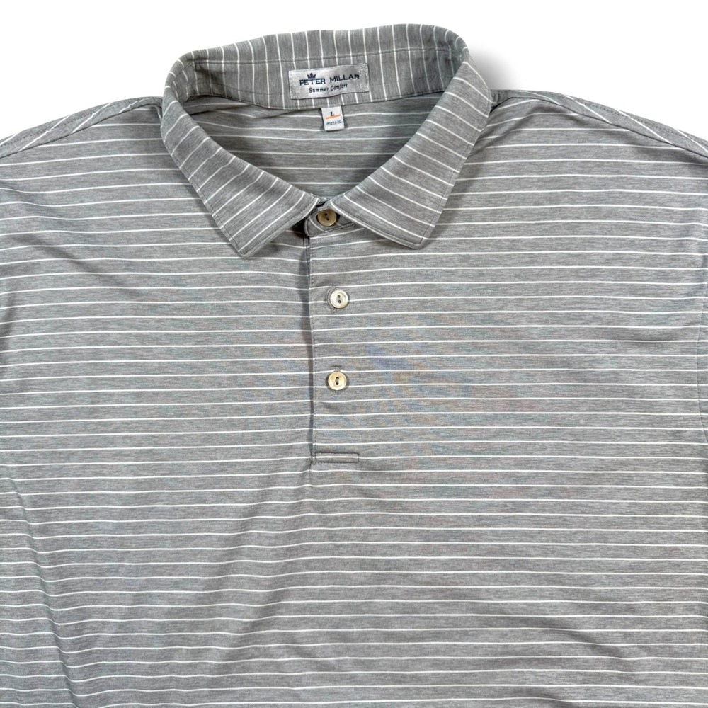 Peter Millar Polo Shirt Mens Large Grey Striped Summer Comfort Performance Golf